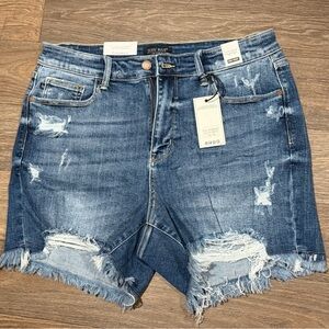 Judy Blue Distressed Frayed Hem Denim Shorts - Medium Blue